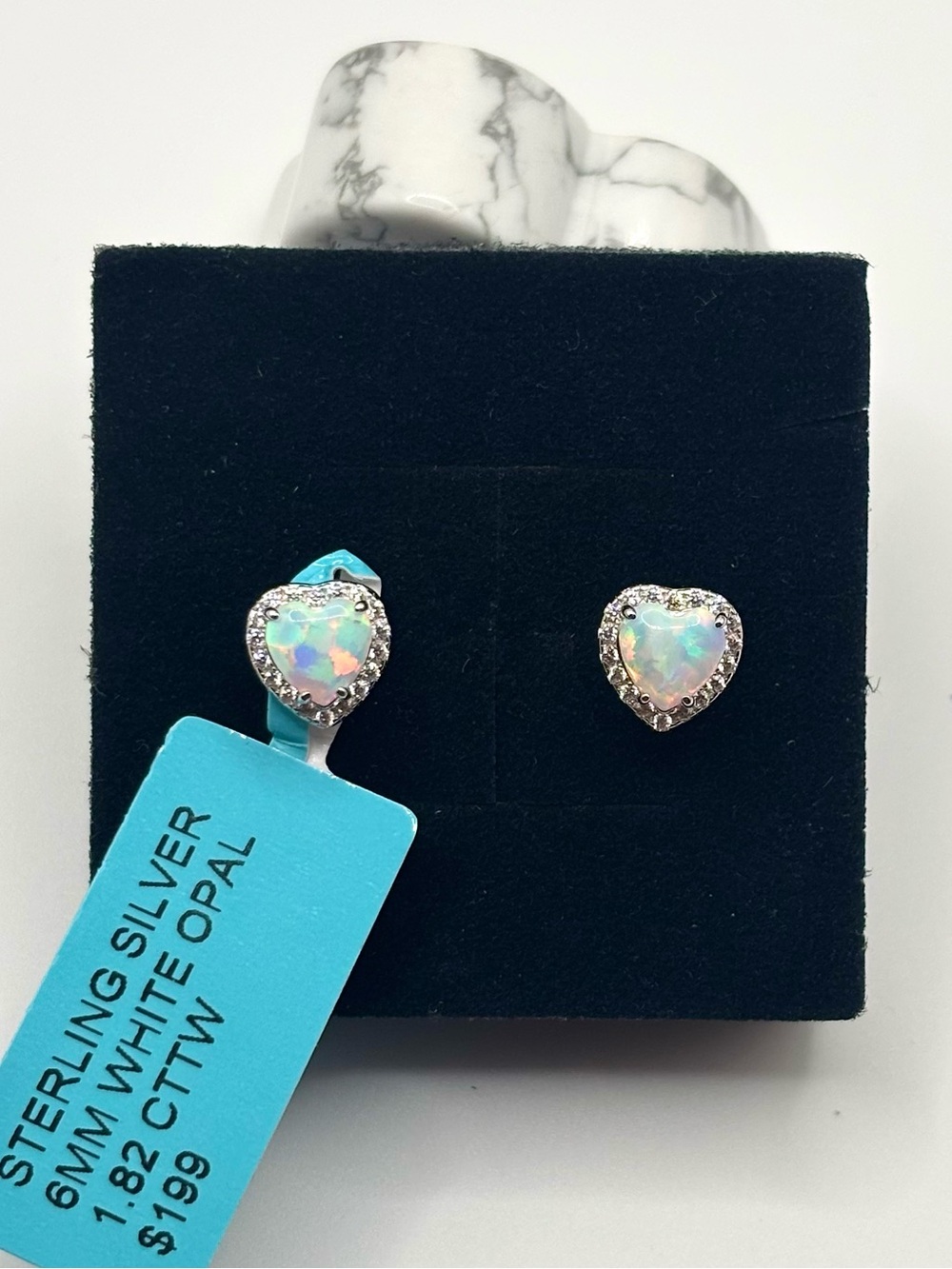 Sterling silver white opal heart stud earrings with halo